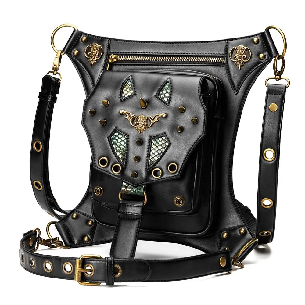 Gothic PU Leather Waist Bag Women Black Retro Rock Rivets Bag Steampunk Black Handbags