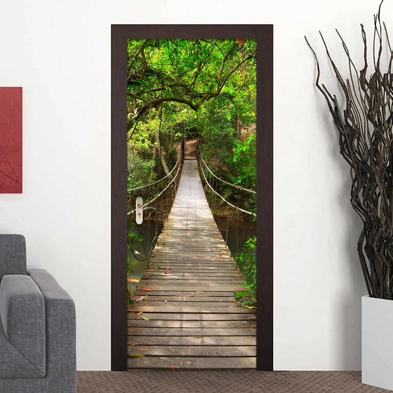 Зеленый лес, деревянная дверная наклейка, 3D пейзаж, обои для гостиной, для учебы, ПВХ, самоклеющаяся дверная наклейка, 3D домашний декор