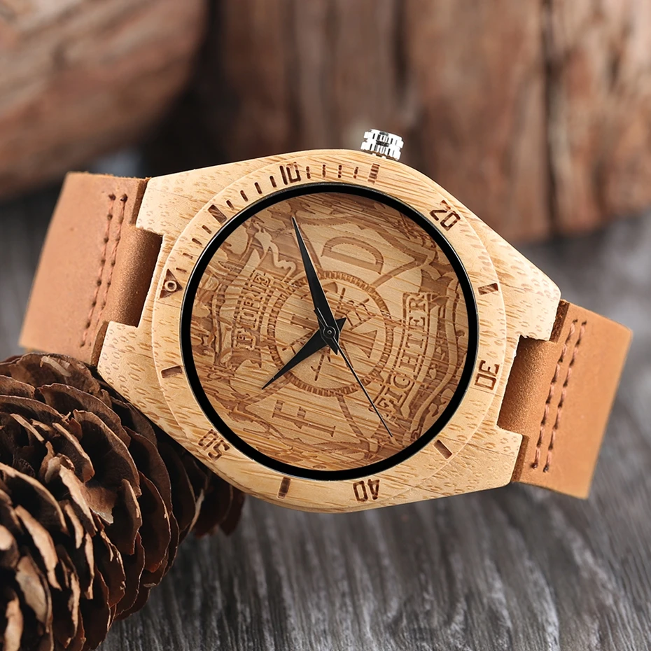 Luxury Handicrafts Gifts Engraving Firefighter Dial Light Bamboo Quartz Wooden Watch Mens Sports Genuine Leather Male Hour Clock 2018 (15)
