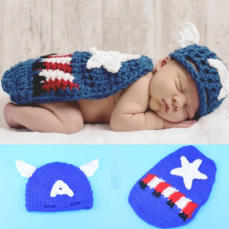 

2015 New Top Sale Captain America Design Newborn Photography Props Handmade Crochet Baby Hat with cape Set Infant Costume Outfit