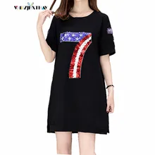 Летние модные черные Лоскутные цифровые женские топы Длинная, с коротким рукавом Paillette свободная футболка Женские топы, большой размер 5XL JXT626