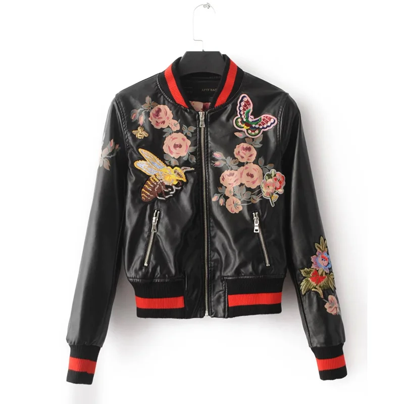 

Print Pu Jacket Women Slim Short Basic Coat Embroidery Floral Animal Female Black Zipper Outerwear Short Casual Jackets 032FD