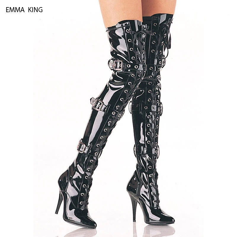 

Autumn Winter Shoes Women Cross-tied Buckle Strap Over the Knee Boots Sexy Black Patent Leather Stilettos Pointed Toe High Heels