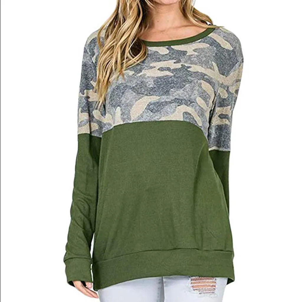 

2018 Female sweatshirt Women Casual Camo Color Blocked Printing Top Long Sleeve Sweatshirt Pullovers Women Tops
