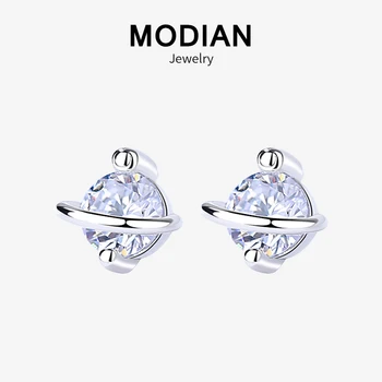 

Modian Tiny Stud Ear For Girl Real 925 Sterling Silver Round Planet Clear Crystal Stud Earrings Fashion Lady Party Fine Jewelry