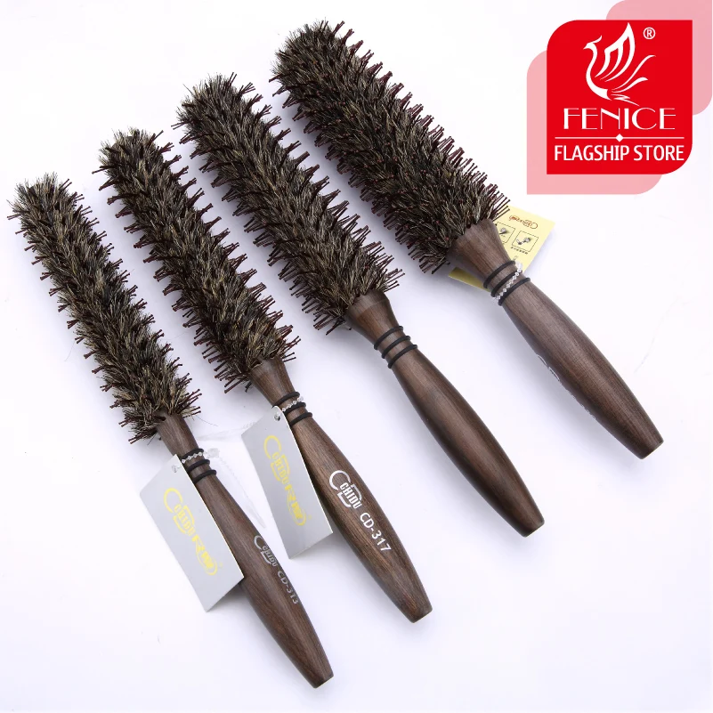 Fenice Roll round comb hair brush bristle pig mane Brown bristles wood handle For curly hair Round bristles tips