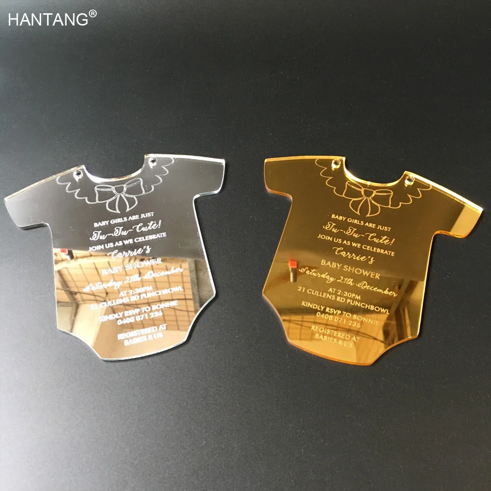  Customized Baby Dress Shaped Engraved 145x145mm Silver/Golden Mirror Acrylic Christening Invitation - 32828973518