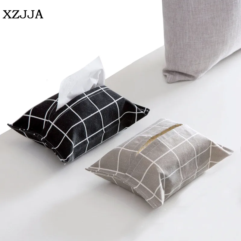 

XZJJA Creative Linen Grid Paper Towel Hanging Bag Pumping Paper Belt Cotton Linen Tissue Boxes Pumping Kitchen Paper Storage Bag
