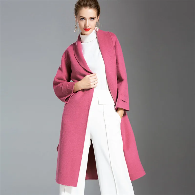 

Lady Adjustable Waist Woolen Trench Coat Double Side Cashmere Woolen Coats Women Thick Warm Winter Long Wool Overcoat V1025