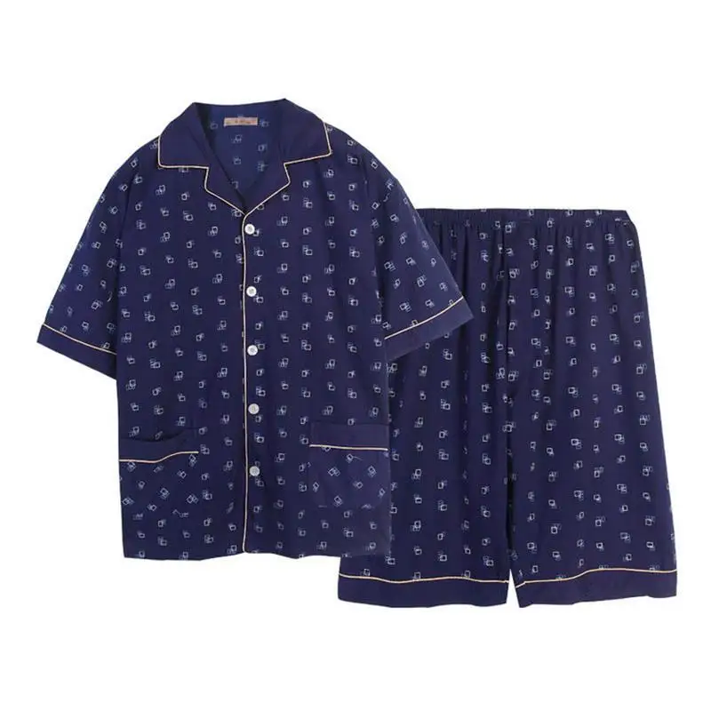 

Free Shipping Men's Plus Size Short Sleeve Turn-down Collar Sleepwear Set Soft 100% Cotton Pajamas Nightgown Summer Homewear 5XL