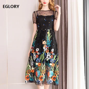 

Top Quality New Celebrity Inspired Women Dresses 2019 Summer Ladies O-Neck Allover Luxurious Embroidery Dress Midi Party Vestido
