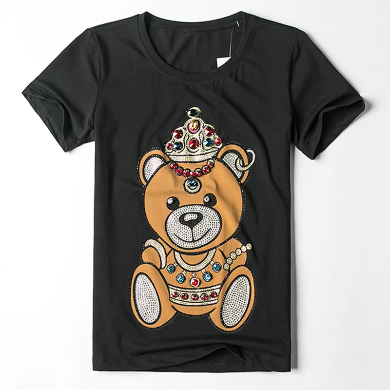 

2017 Newly Arrived Woman t-shirt kawaii t-shirts Cartoon Bear Diamonds Women Fashion Short Sleeve Cotton Tees Tops Free Shipping