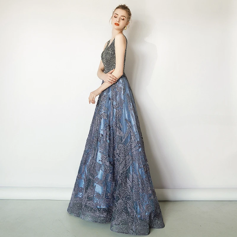 Günstig Luxus Perlen Blau Bankett Abendkleid 2019 Mode Temperament Lange Absatz Edle   Slim Sexy V ausschnitt High End Damen l5487