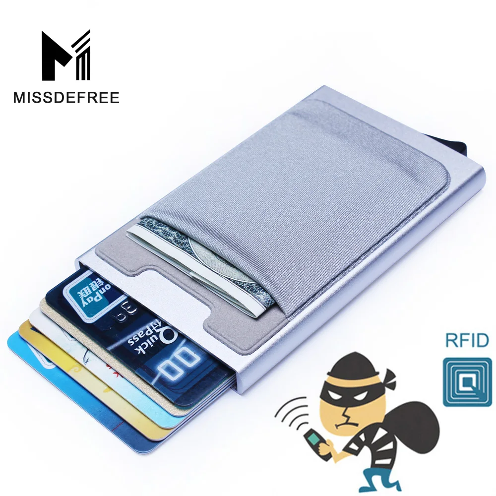 Aluminium Portemonnee Elasticiteit Terug Pocket Id Kaarthouder Rfid Blocking Mini Slim Wallet Automatische Pop Up Credit Card Case doos| Portemonnees| -