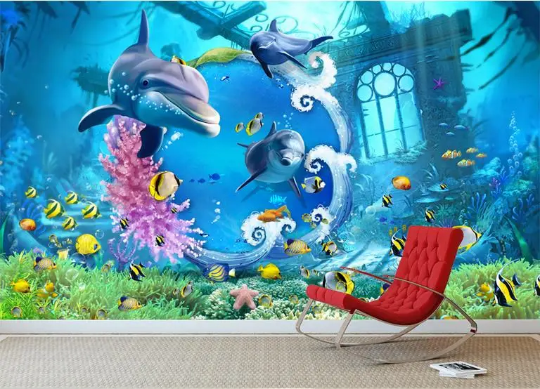

Custom 3d photo wallpaper 3d wall mural wallpaper mural Marine life shark fish waves background wall murals living room