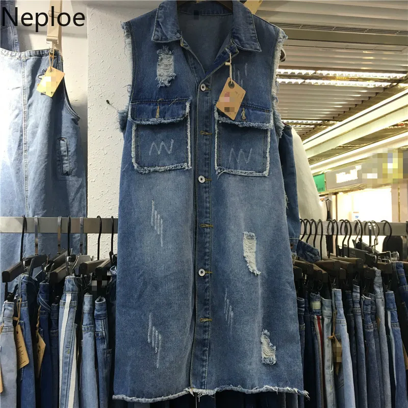 

Neploe Sleeveless Hole Women Jackets Autumn 2019 Korean Turn-Down Collar Single Breasted Tops Loose Female Denim Jacket 45214