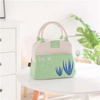 Портативные Изолированные сумки для обедов для женщин и детей, сумка для еды, милая парусиновая сумка с принтом кактуса, свежая теплоизоляция, сумка-холодильник для пикника - Цвет: Зеленый