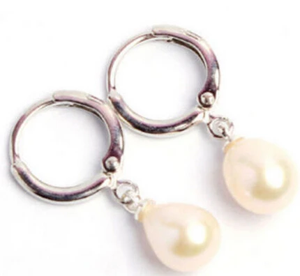 

hj 00432 Genuine Natural 7-8mm White Akoya Freshwater Pearl Hoop Leverback Dangle Earring