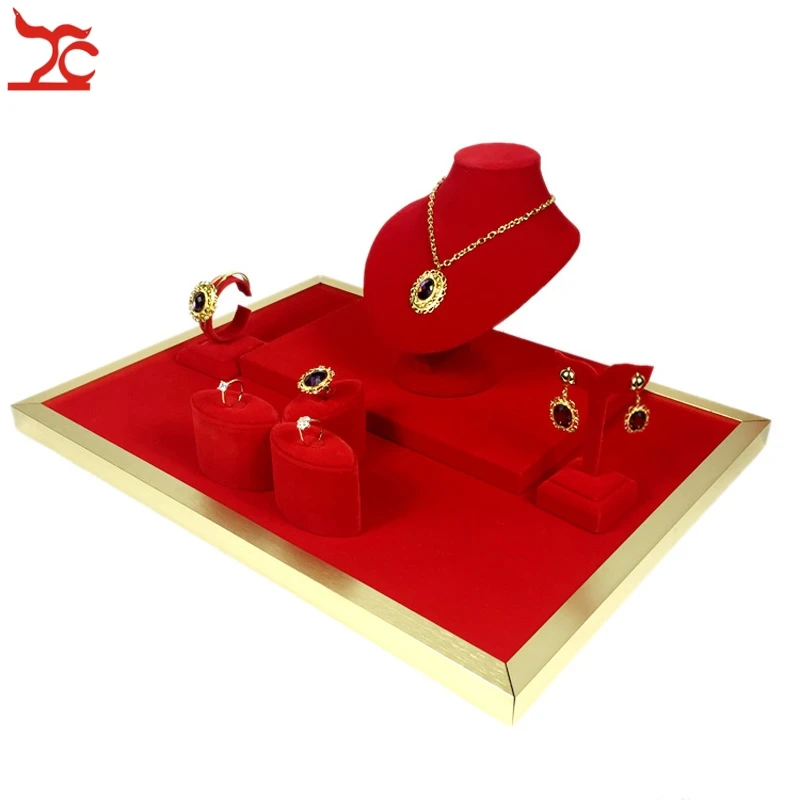 High End нержавеющая сталь витринные подставки для ювелирных изделий красный бархат кольцо хранения цепочки и ожерелья кулон браслет серьги