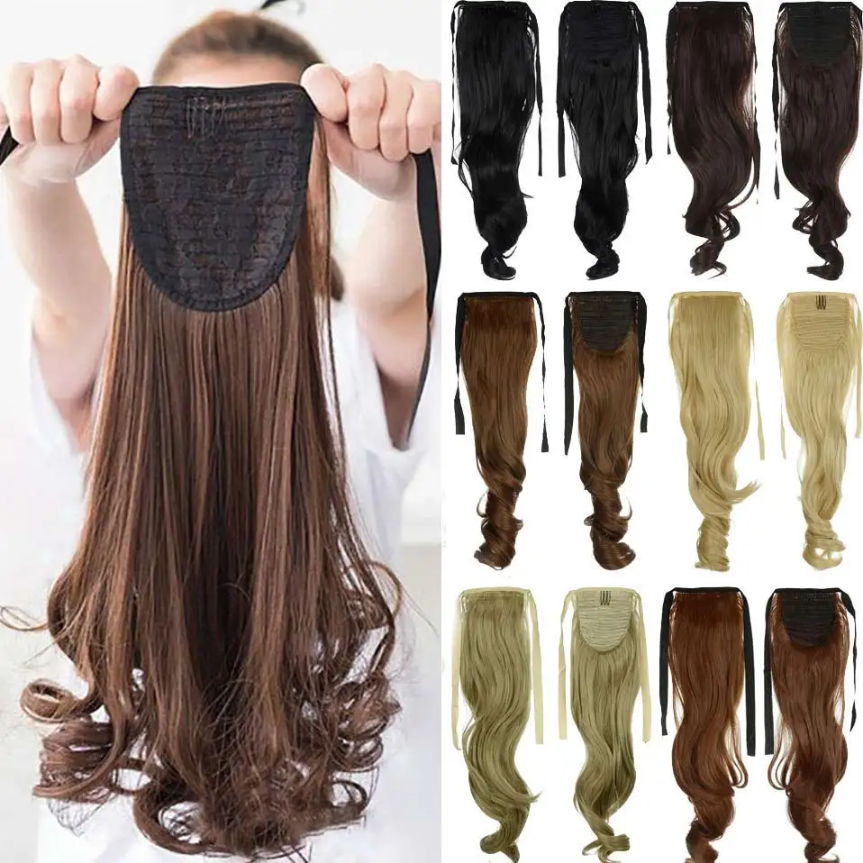 

S-noilite 18" Long Curly Synthetic Drawstring Ponytail Clip In Ponytail Hair Extensions Heat Resistant Hair Tail Black Brown