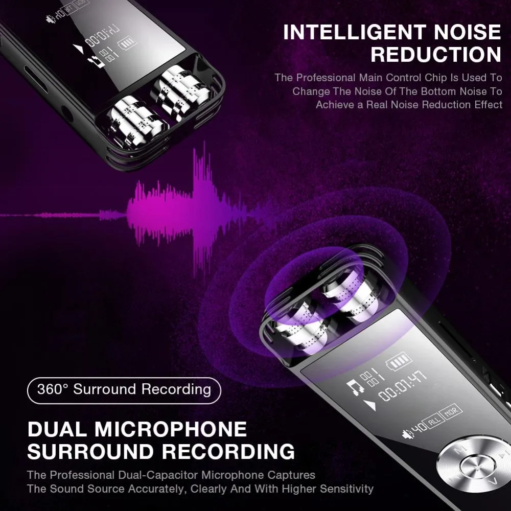 16GB Digital Voice Recorder Dual Microphone Dictaphone Sound Activated Recording Meeting Class With WAV,MP3 Player
