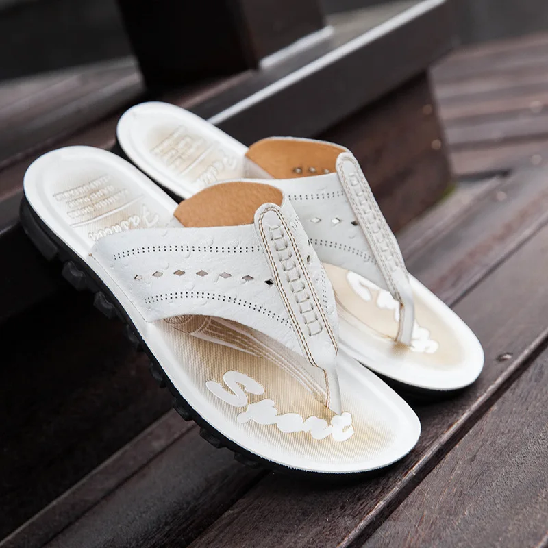 mens white leather flip flops