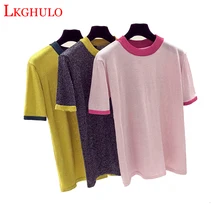 Новые простые полосатые футболки женские трикотажные футболки с круглым вырезом летняя футболка Kawaii розовые шелковые футболки с коротким рукавом женские A420