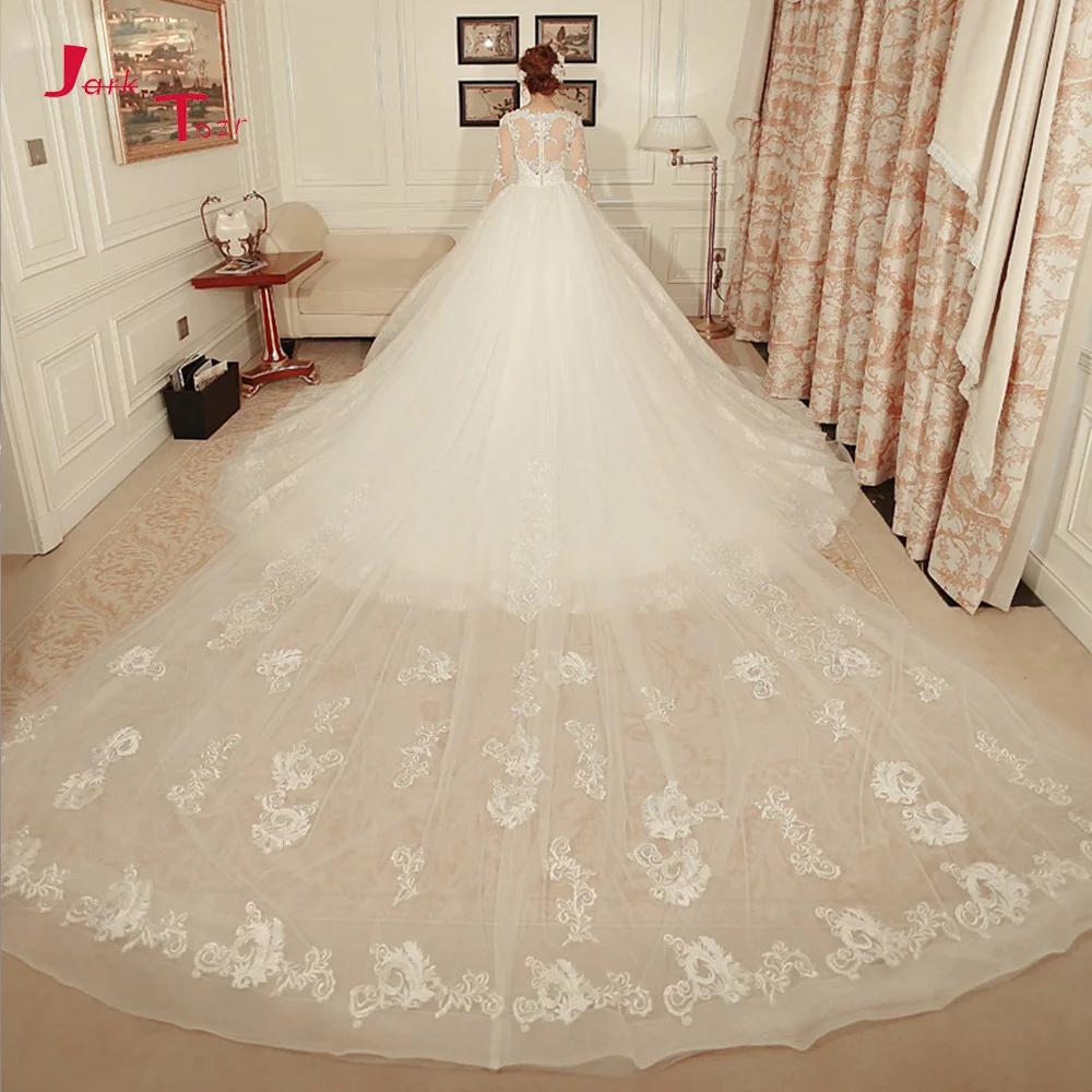 

Jark Tozr Long Sleeve Appliques Flowers Beading Ball Gown Wedding Dresses With Removable Lace Chapel Train Vestidos De Novia