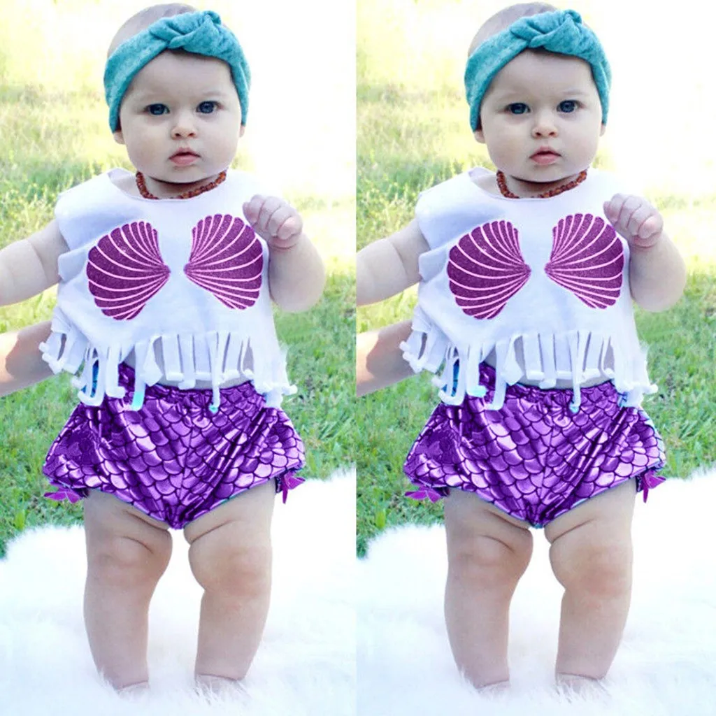 Children Baby Tassels Sleeveless Shell Print Beach Swimsuit+Shorts Swimwear Set maillot de bain fille kids swimwear for girls | Детская