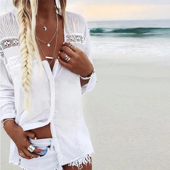 

Women Summer V Neck Beach Long Sleeve Casual Loose Baggy Tunic Tops Blouse