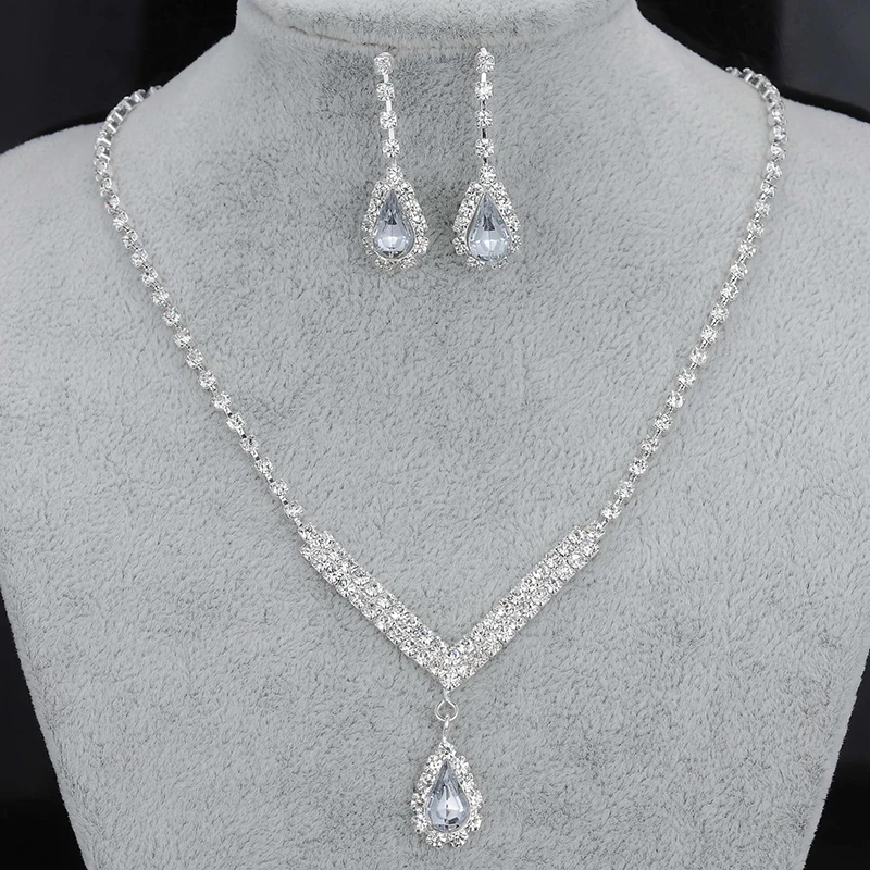

Fashion Women Wedding Jewelry Sets Sparkling Silver Color Rhinestone Crystal Drop Choker Necklace Earrings Bridal Jewelry Sets