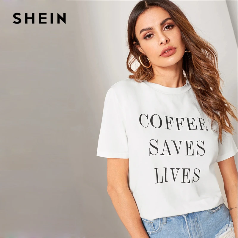 SHEIN, буквенный лозунг, футболка с принтом, женская одежда, летние топы с круглым вырезом,, уличная Корейская одежда, футболка с коротким рукавом