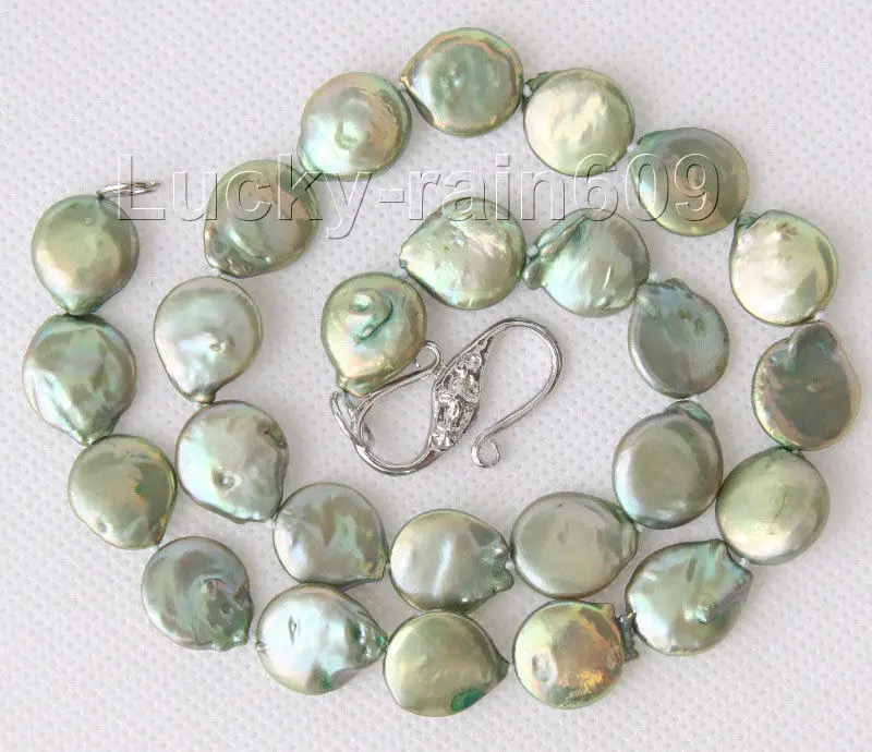 

shippingGenuine luster 17" 14mm coin fastener green pearls necklace 18KGP clasp e1962