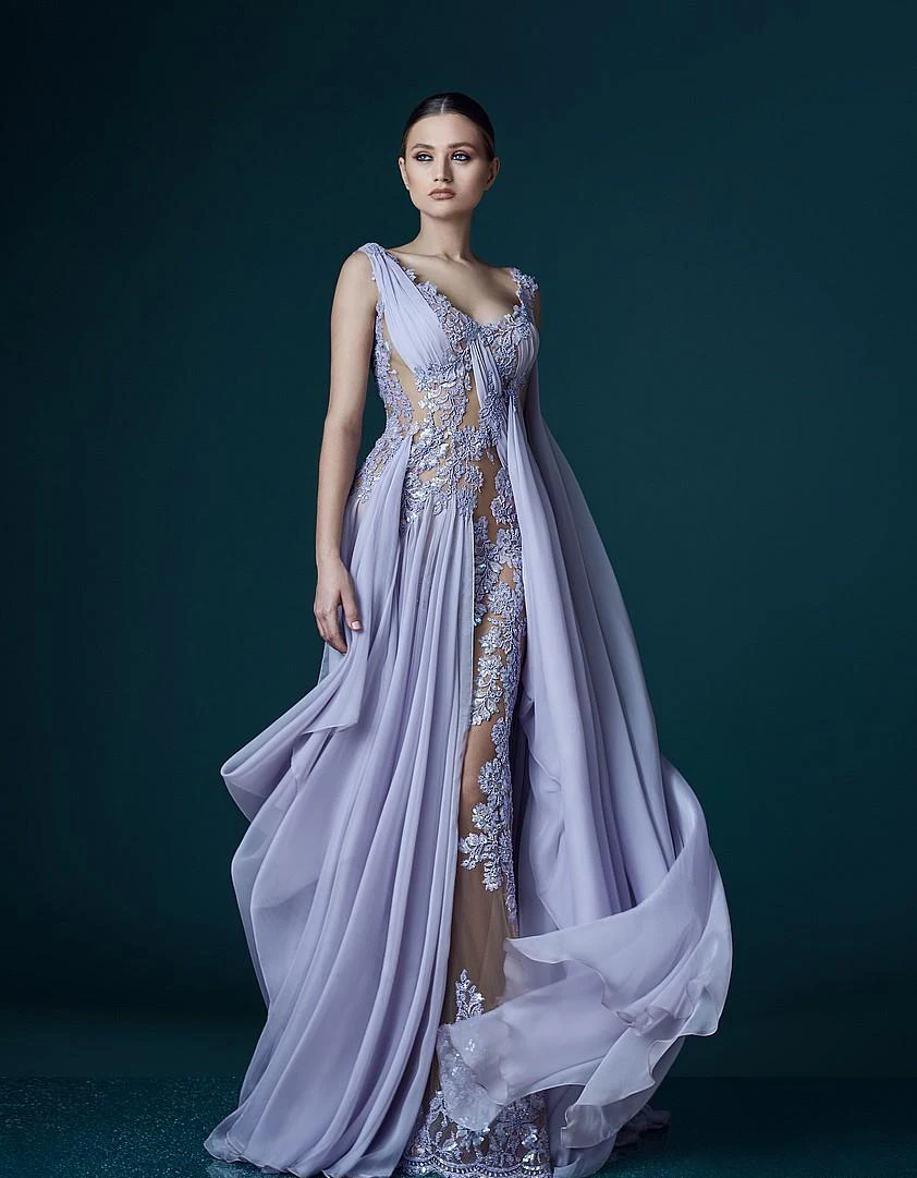 

Luxury Sparkle Sexy Evening Dresses Backless Long V Neck Lilac Evening Dresses Chiffon Formal Prom Party Gowns With Lace Flowers