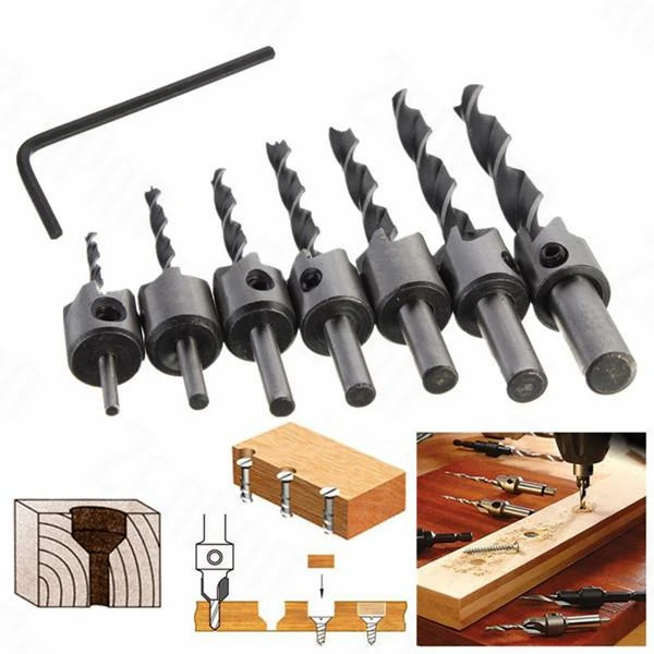

7pcs 3mm-10mm HSS 5 Flute Countersink Drill Bit Set Carpentry Reamer Wood Working Chamfer Endmilling