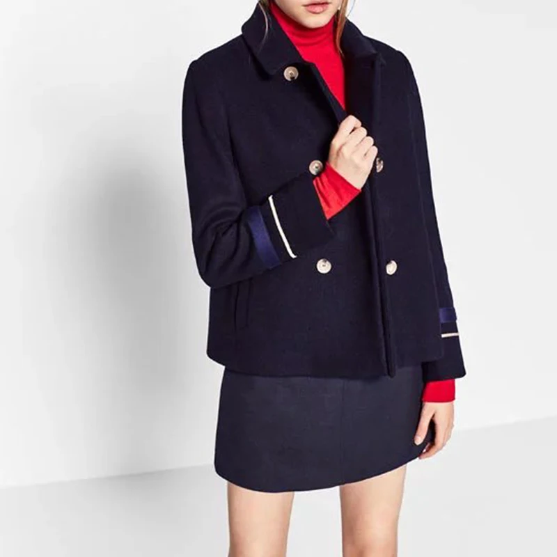 Preppy Style Parkas Woolen Embroidery Coat Double Breasted Turn-down Collar Women Basic Coats Warm Winter Outerwear Brand