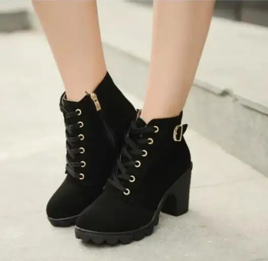 

Plus Size 41 Ankle Boots Women Platform High Heels Lace Up Buckle Strap Shoes Thick Heel Short Boot Ladies Zipper Footwear