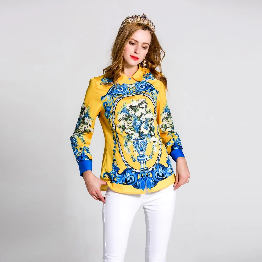 

Europe Style 2017 Latest Spring & Summer New Arrival Fashion Peter pan Collar Full Sleeve Printed Best Quality Shirt Women