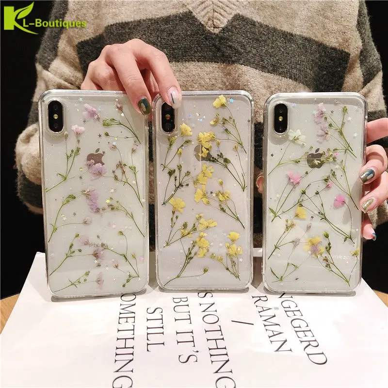 

Soft Case on for Etui iPhone XR Case for iPhone X XR XS Max 6 6S 7 8 Plus Case Cover Floral Clear Real Dried Flower Phone Cases