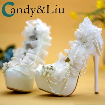 

White Pumps Lace Flower Beading Tassel Lovely Plush Small Bear Decoration 18 Year-Old Adult Gift Shoes Sweety Princess High Heel