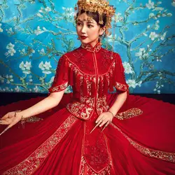 Красные Свадебные невесты китайский Стиль Cheongsam традиционные женские длинные Qipao Вышивка Для женщин вечернее платье жениться одежда S-XXL