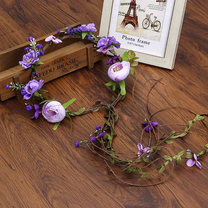 Haimeikang богемный венок резинка для волос цветок корона для женщин ротанга имитация цветок повязка на голову наручные головные уборы аксессуары для волос - Цвет: Purple