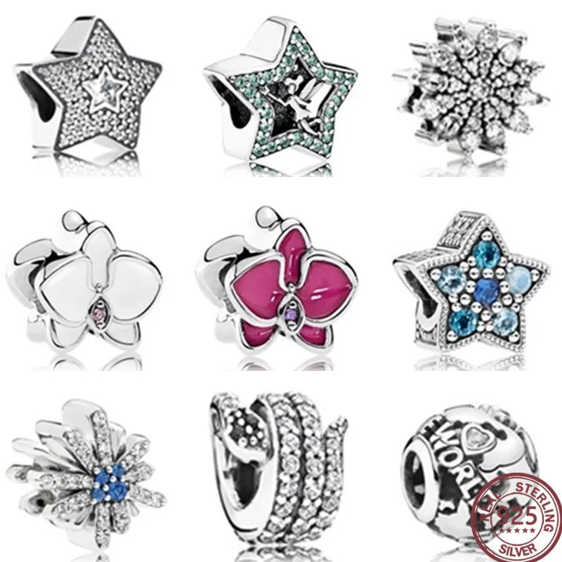 

100% 925 Sterling Silver Stars sparkling crystal zircon beads Original 1:1 Fashion Charm Beads Jewelry For Women Gift Free Shipp