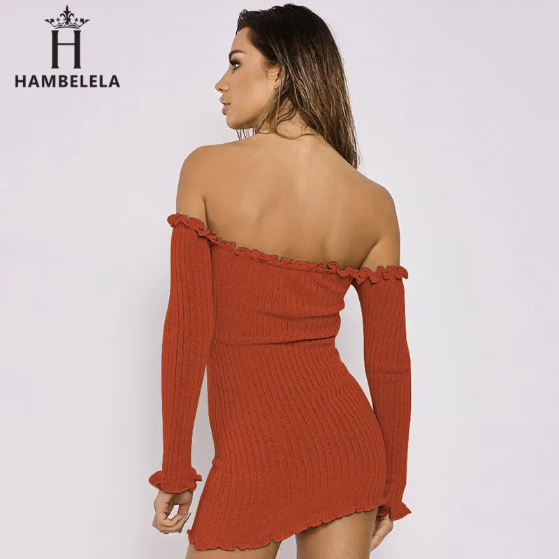 Hambelela Women Autumn Ruffle Knitted Dress Off Shoulder Tunic Dress Sexy Winter Long Sleeve Bodycon Club Party Sweater Dresses (3)