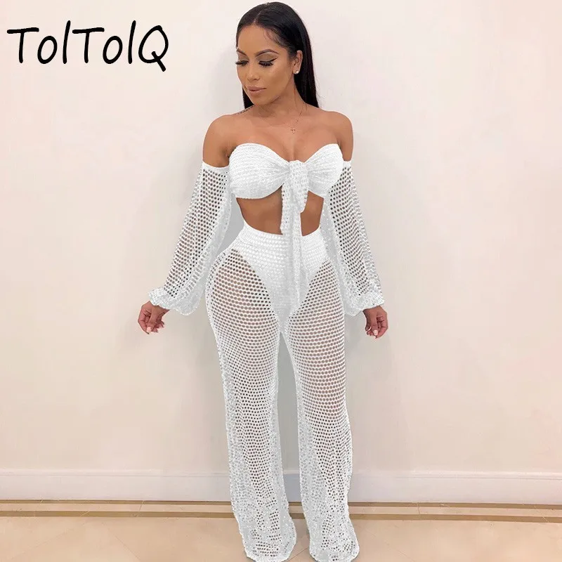

Two Pieces Knit Sets Women Long Sleeve 2 Pieces Crop Top And Pants Set Summer Crochet Beach Set Hollow Out Green Women Sets