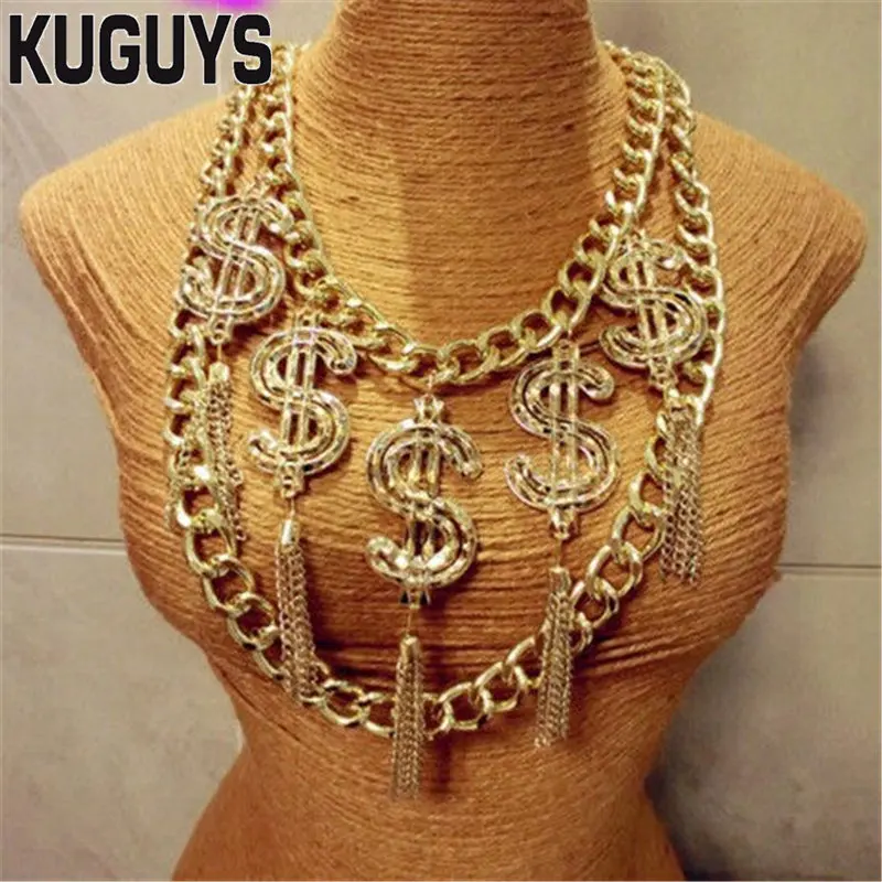 Kuguys na Moda Colar para Mulheres Colar dos Homens Jóias Liga Hiphop Borla Hyperbole Rock Dólar Pingente ds dj Acessórios