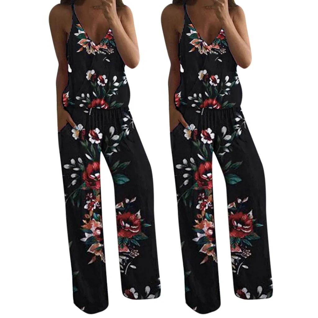 

Enterizos Para mujer Largos Elegantes Kombinezon Damski 2019 Summer Sexy Flower Printed Camisole Sleeveless V Neck Jumpsuit Z4