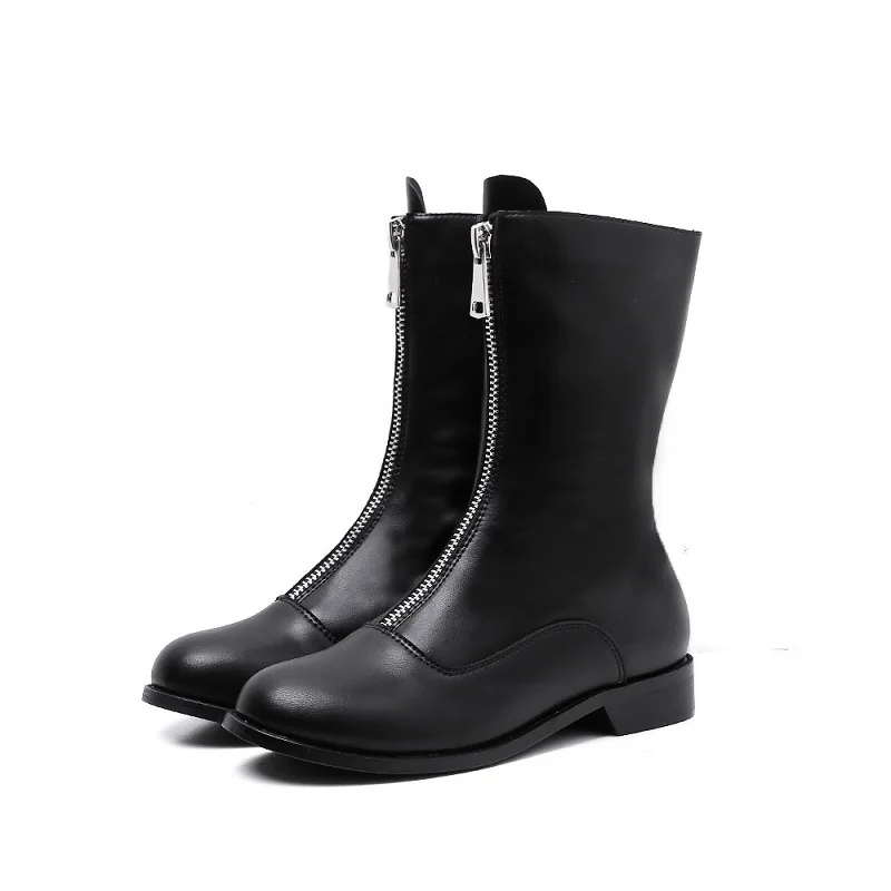 

2018 autumn and winter new Europe and America wild front zipper leather Martin boots women's booties black ljj 0115