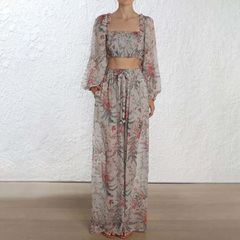 

2018 Autumn/fall Print Strapless Short Top and Loose Wide Leg Pants 2 Piece Sets Outfits