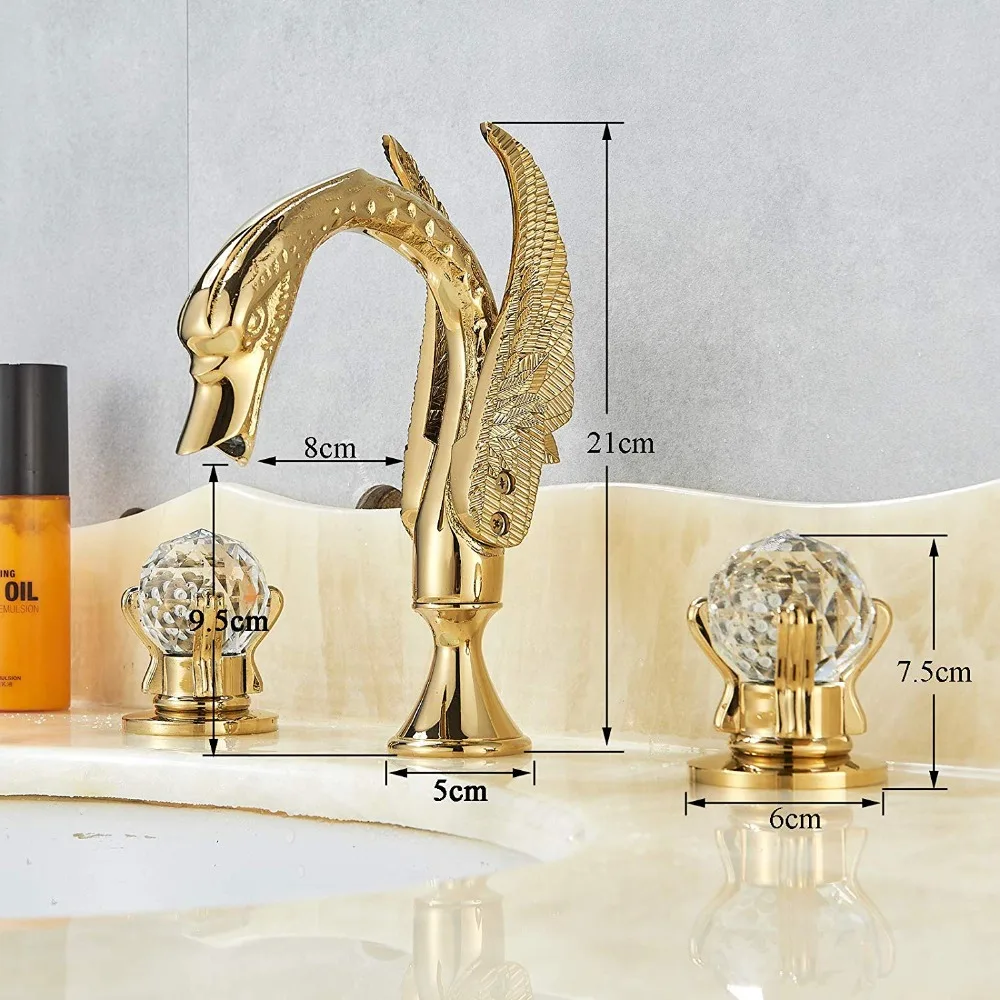 Золотой кран для раковины, кран для раковины, полированный золотой кран для ванной, лебедь, две стеклянные ручки, 3 отверстия, смеситель, элегантный кран, широко распространенный кран torneira